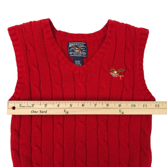American Living Cable Knit Sweater Vest Boys 4/4T V Neck Pullover Red Eagle Flag - Picture 5 of 11